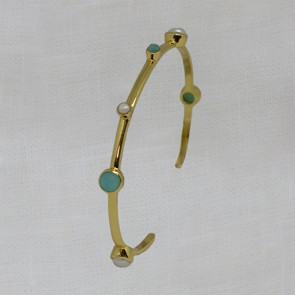 Gold vermeil cuff bangle with round amazonite gemstones and freshwater pearls - Beyond Biasa 