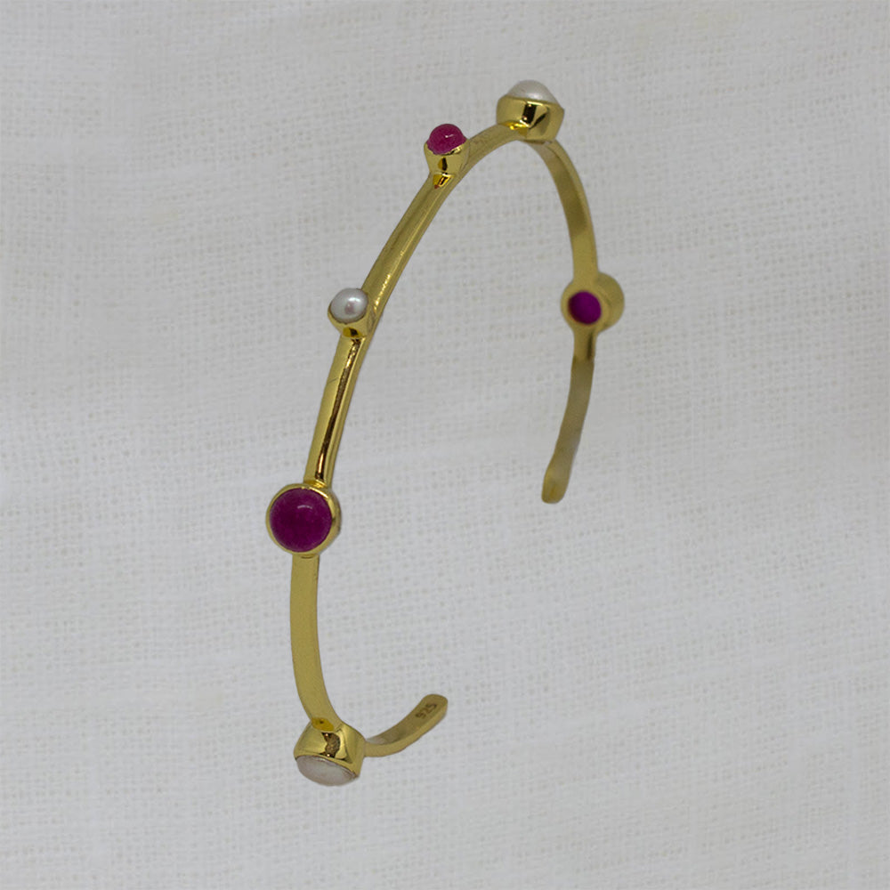 Gold vermeil cuff bangle with round pink jade gemstones and freshwater pearls - Beyond Biasa 