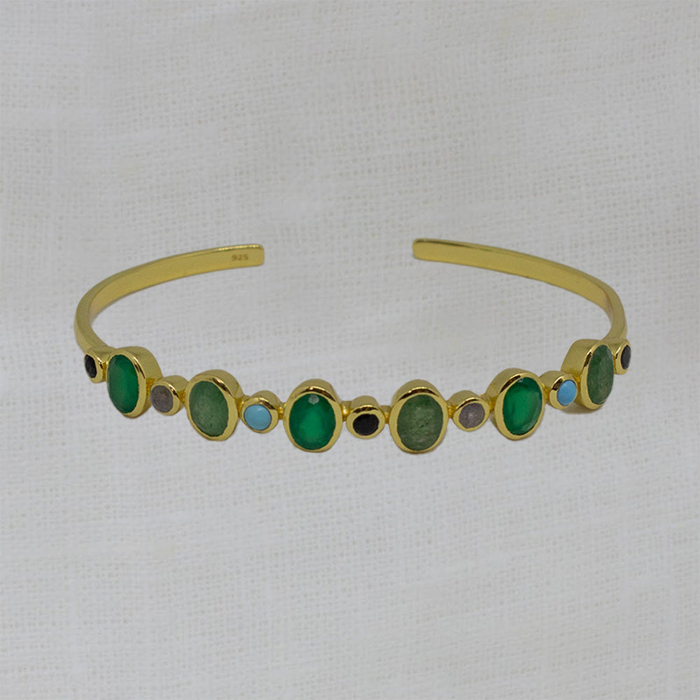 Gold Vermeil cuff bangle with oval green onyx and aventurine gemstones and turquoise, labradorite and black onyx round gemstones - Beyond Biasa