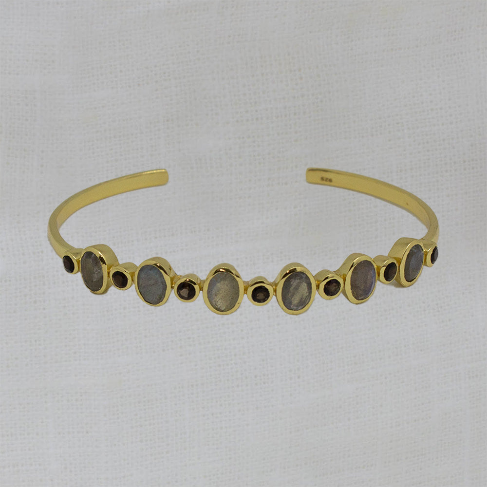 Gold Vermeil cuff bangle bracelet  with oval labradorite and round smokey quartz gemstones - Beyond Biasa