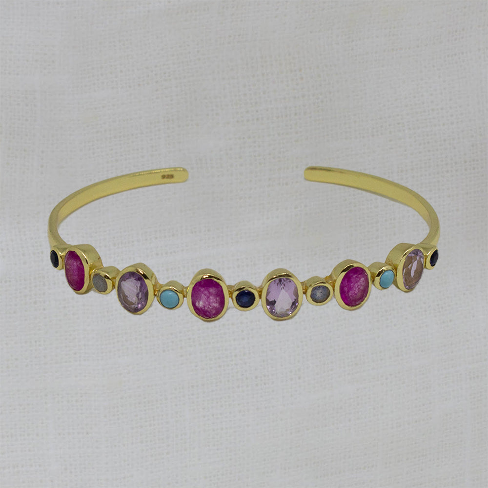 Gold vermeil gemstone cuff bangle bracelet with oval amethyst and pink jade gemstones and round turquoise, labradorite and iolite gemstones - Beyond Biasa