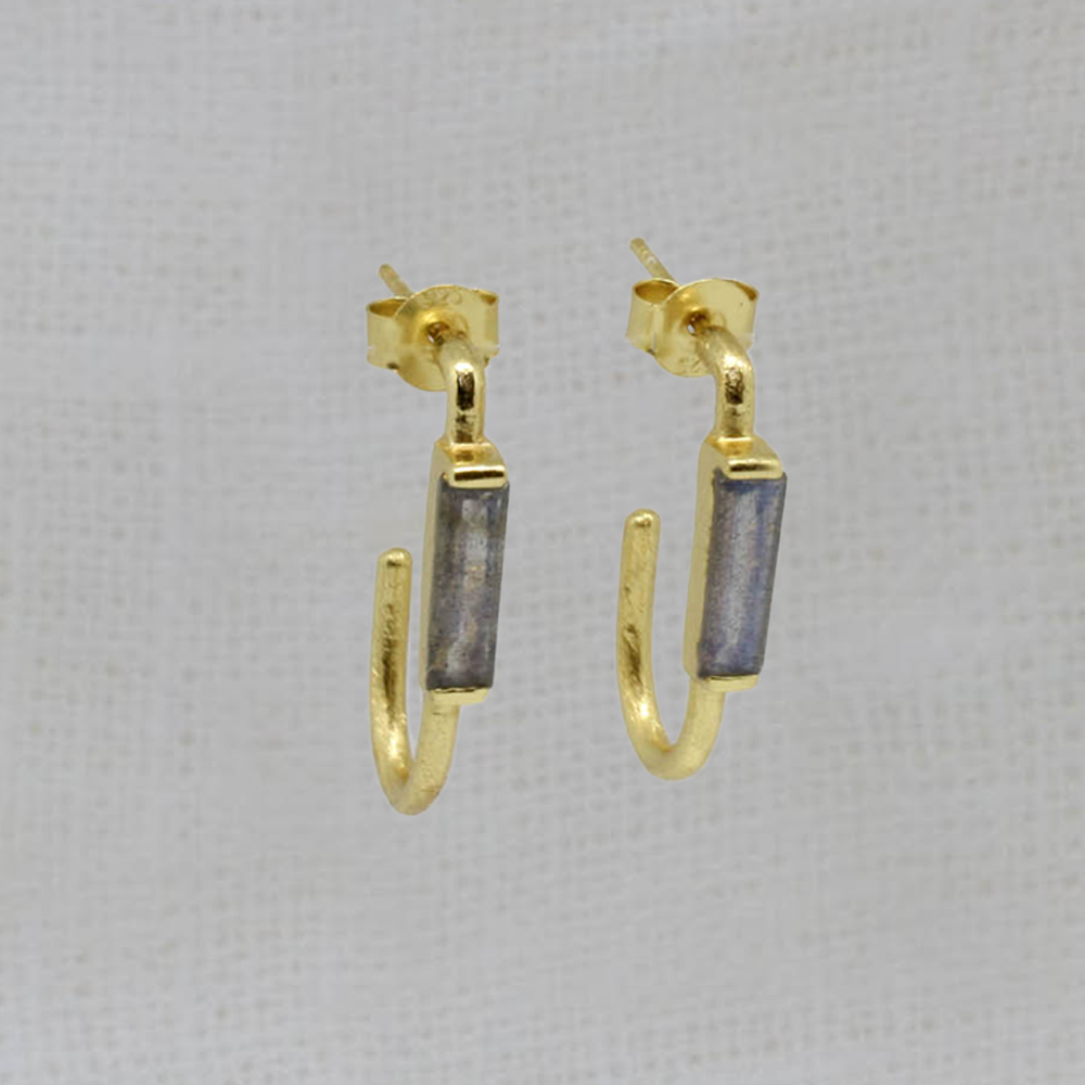 Brushed gold minimalist hoop earrings with rectangle labradorite gemstones - Beyond Biasa
