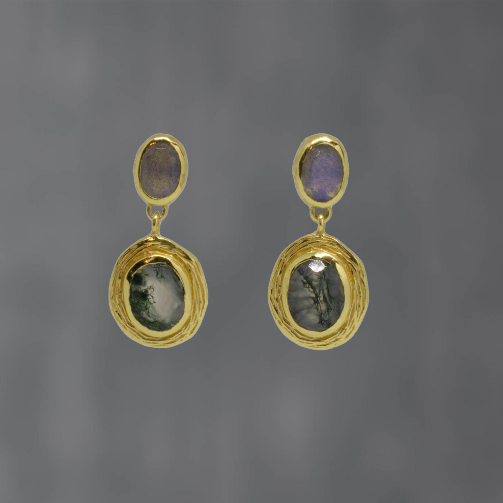 Moss Agate and Labradorite Textured Gold Drops
