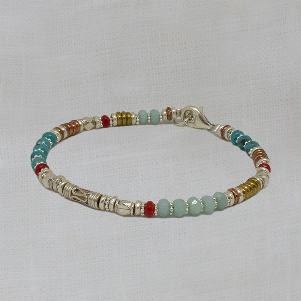 Turquoise, Amazonite and Coral Mixed Metals Bracelet with sterling silver, copper and brass beads - Beyond Biasa