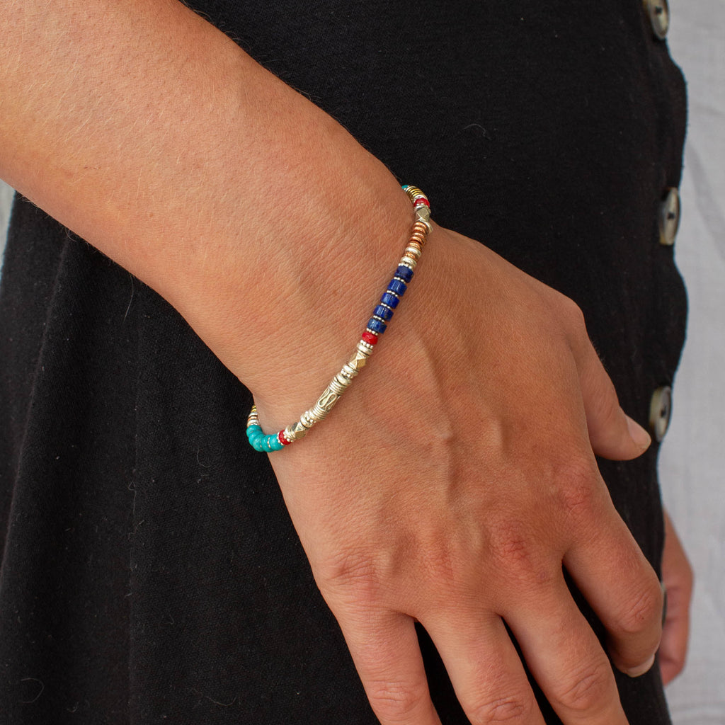 Turquoise, Lapis Lazuli and Coral Mixed Metals Bracelet - Beyond Biasa