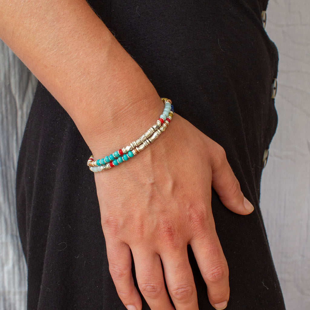 Semi-precious gemstone beaded bracelet with turquoise, lapis, amazonite and coral and silver, copper and brass - Beyond Biasa 