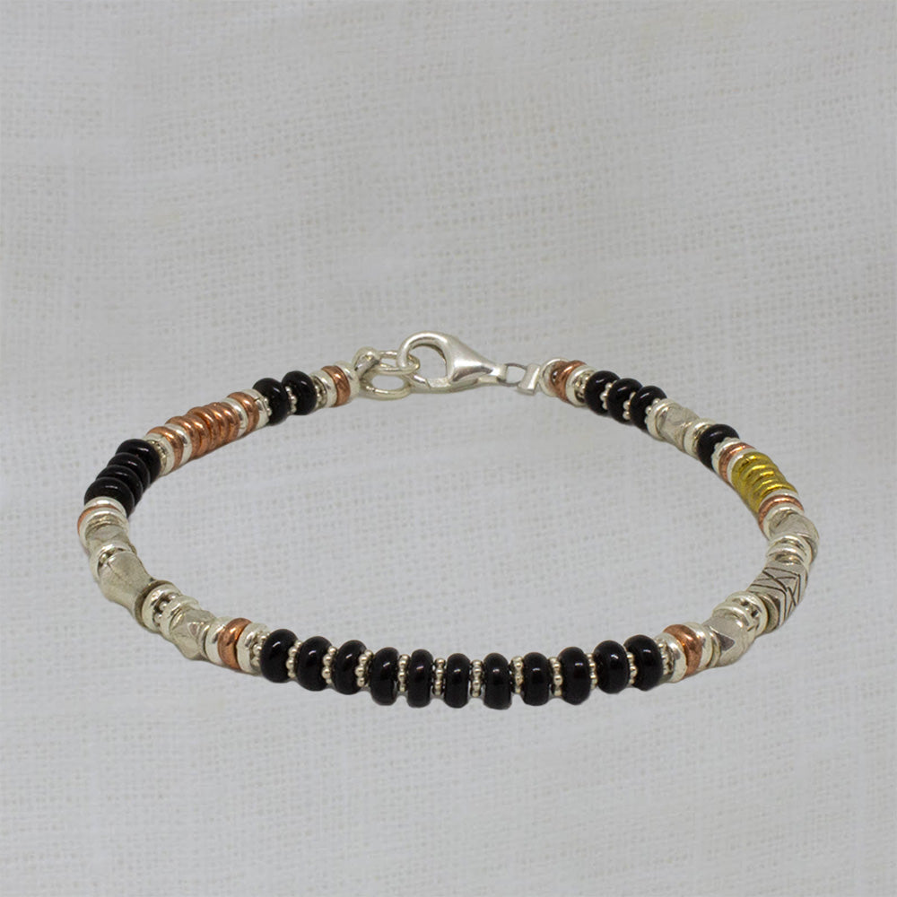 Black onyx gemstone beaded bracelet, handmade with sterling silver, copper and brass - Beyond Biasa