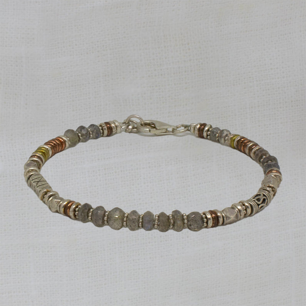 Labradorite gemstone beaded bracelet with sterling silver, copper and brass beads - Beyond Biasa