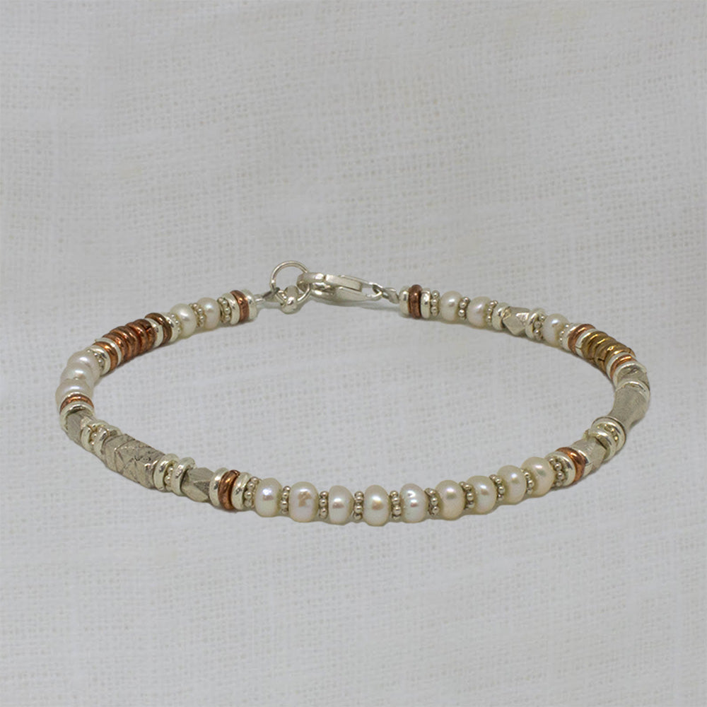 Freshwater Pearl beaded bracelet, handmade with sterling silver, copper and brass beads - Beyond Biasa