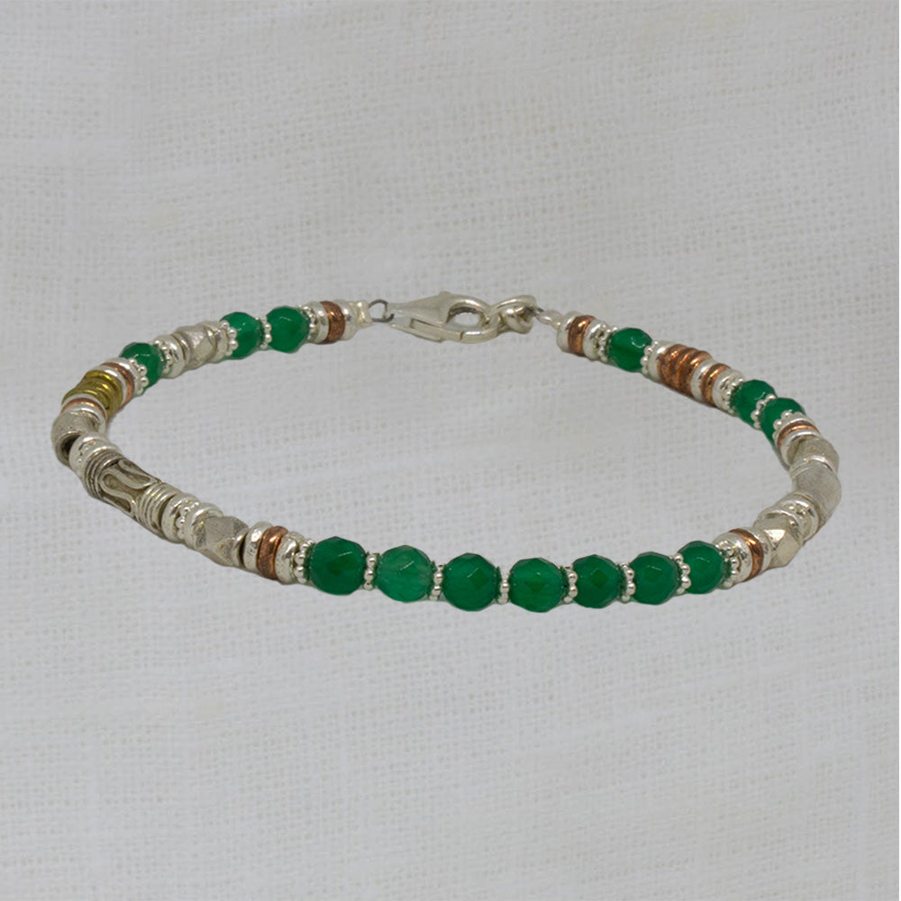 Gemstone beaded bracelet, handmade with faceted green onyx gemstones and sterling silver, copper and brass beads - Beyond Biasa
