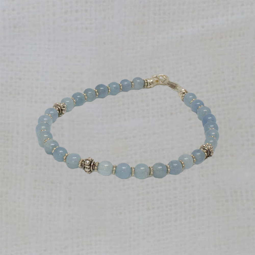 Blue chalcedony gemstone beaded stacking bracelet in sterling silver - Beyond Biasa