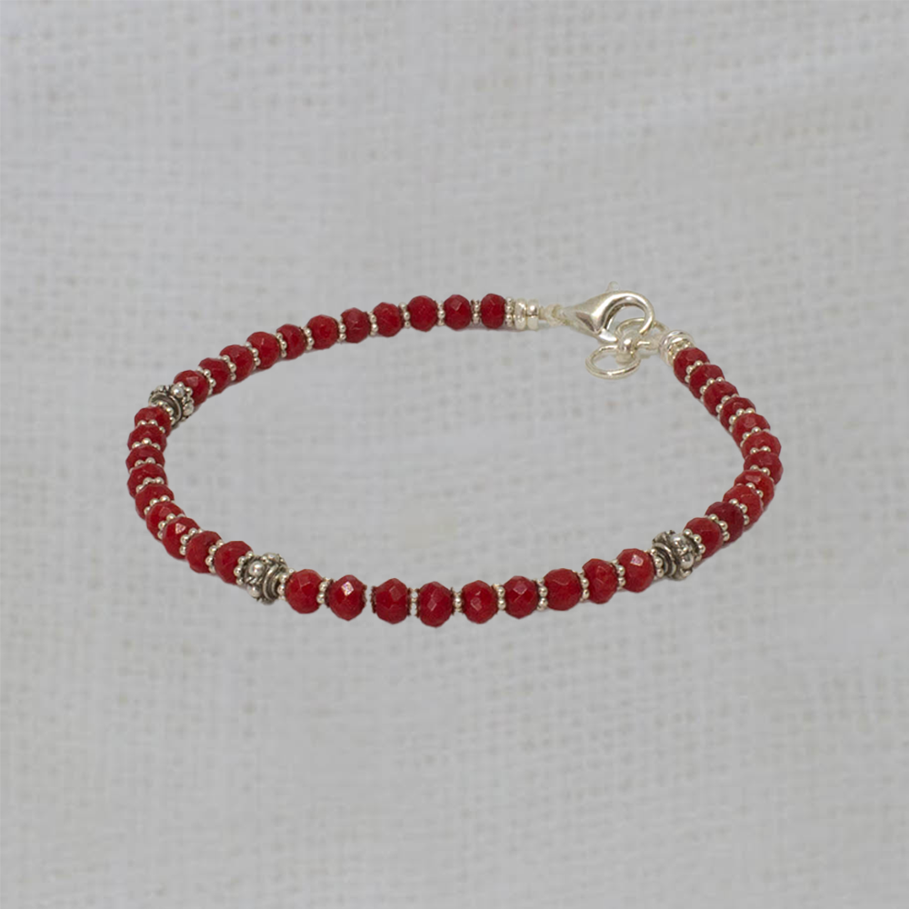 Red Coral Gemstone and Silver Beaded Stacking Bracelet - Beyond Biasa
