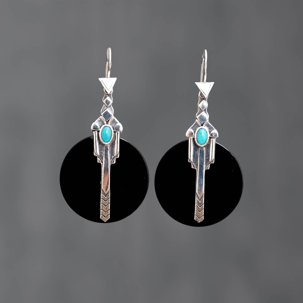 Black Onyx and Turquoise Art Deco Earrings - Beyond Biasa