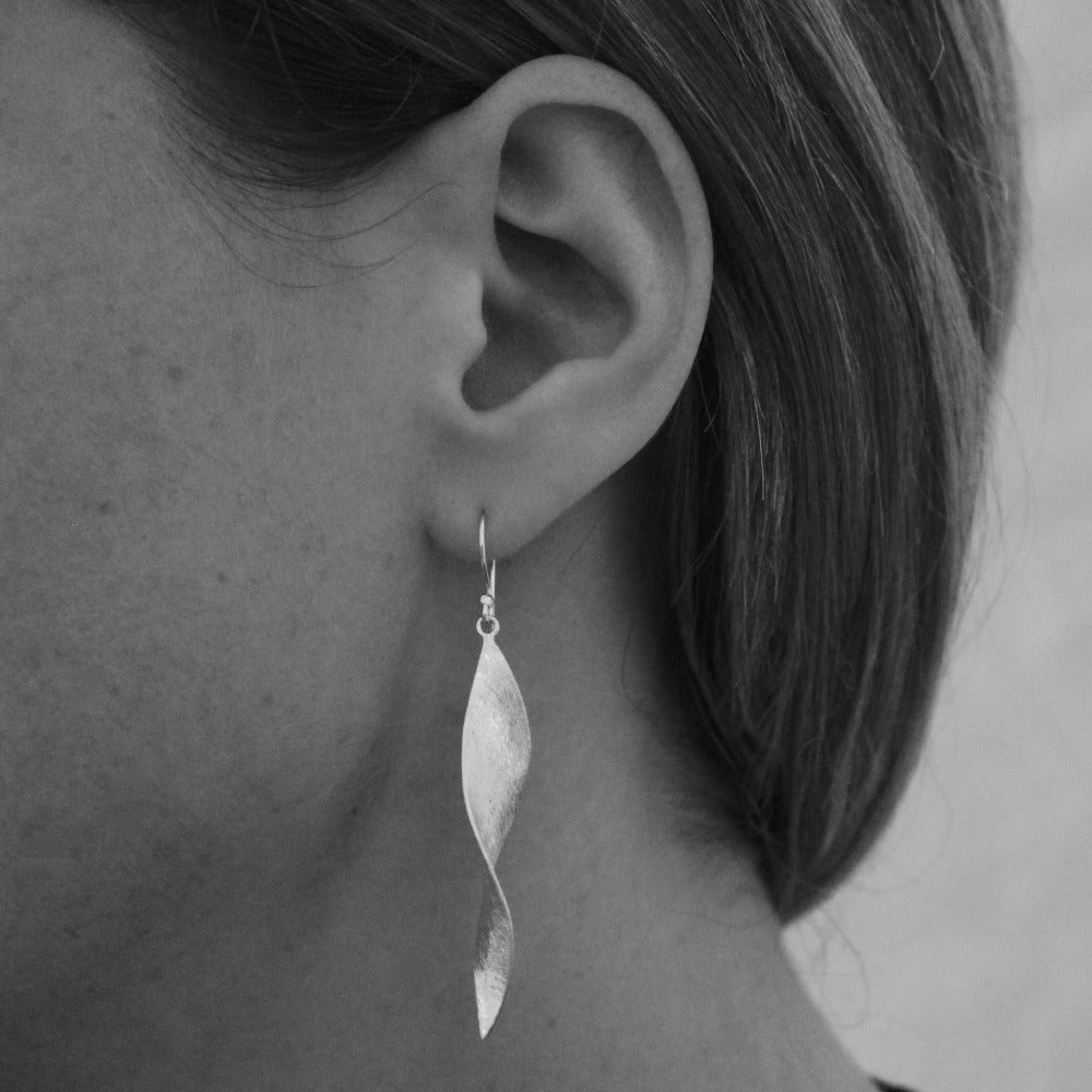 Brushed Silver Long Twist Earrings - Beyond Biasa