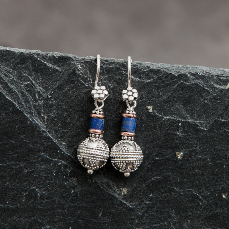 Sterling Silver Balinese Granulation Bead Earrings with Lapis Lazuli and Copper - Beyond Biasa