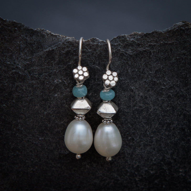 Freshwater Pearl, Amazonite and Sterling Silver Drop Earrings - Beyond Biasa