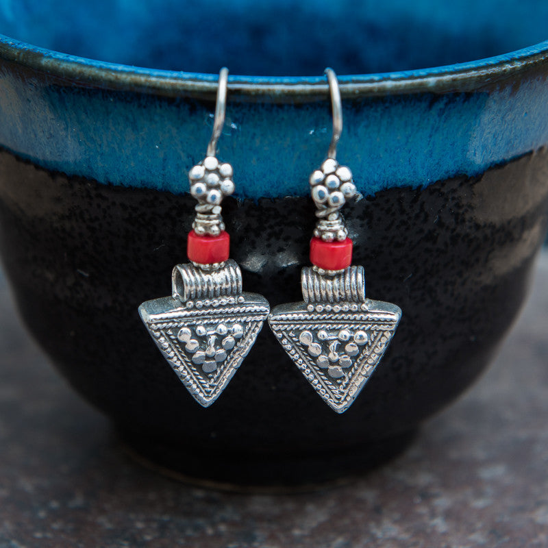 Sterling Silver and Coral Triangle Earrings - Beyond Biasa