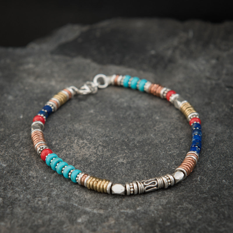Turquoise, Lapis Lazuli and Coral Bracelet with Sterling Silver Copper and Brass - Beyond Biasa