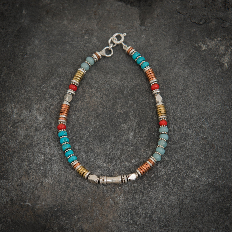 Turquoise, Amazonite and Coral Bracelet with Sterling Silver Copper and Brass - Beyond Biasa