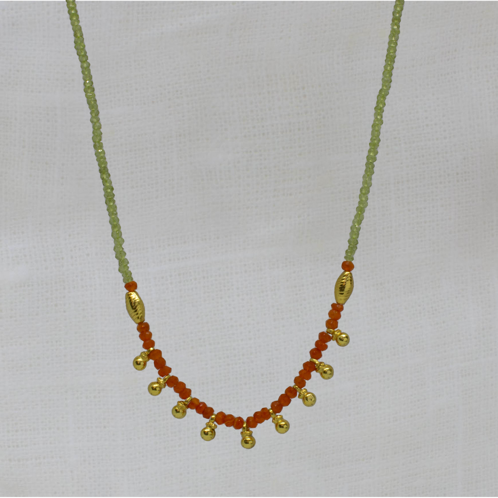 Willow Gemstone Beaded Necklace in Peridot and Carnelian - Beyond Biasa