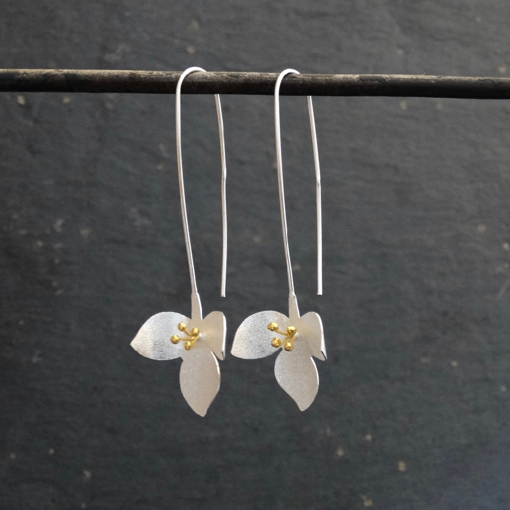 Long Floral Earrings in Brushed Silver and Gold Vermeil - Beyond Biasa