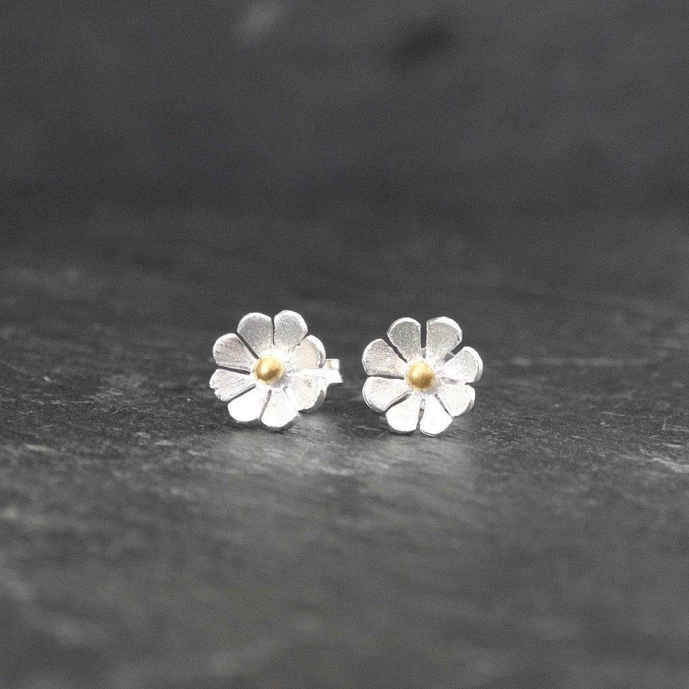Petite Flower Stud Earrings in Brushed Silver and Gold Vermeil - Beyond Biasa
