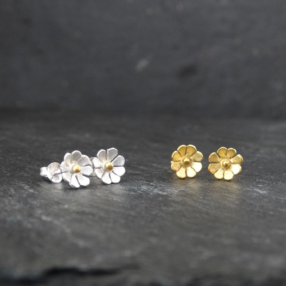 Petite Flower Stud Earrings in Brushed Silver and Gold Vermeil - Beyond Biasa