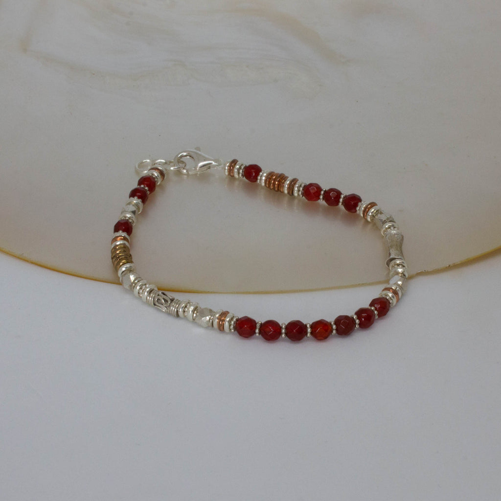 Gemstone beaded bracelet with carnelian gemstones and silver, copper and brass beads - Beyond Biasa