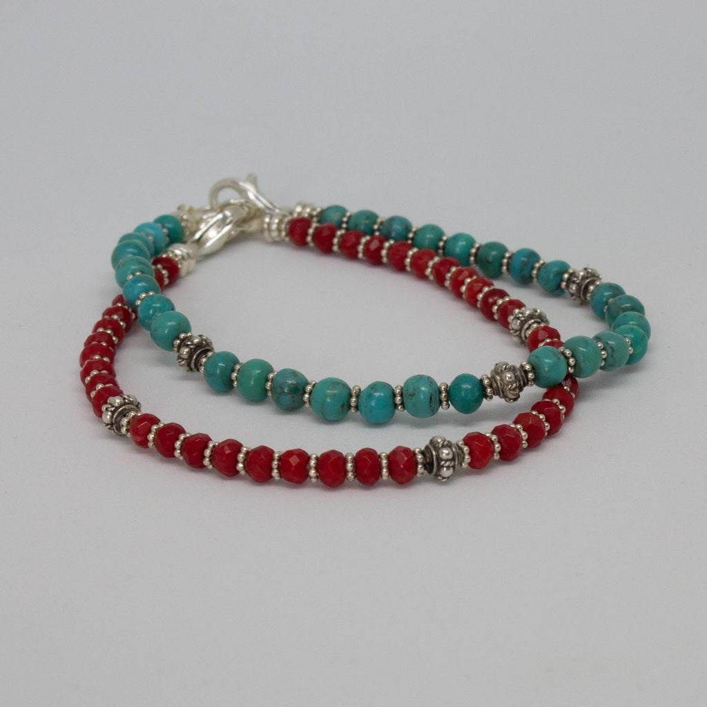 Red Coral and Turquoise Gemstone and Silver Beaded Stacking Bracelet - Beyond Biasa