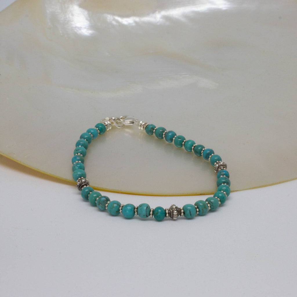 Natural turquoise gemstone beaded stacking bracelet in sterling silver - Beyond Biasa