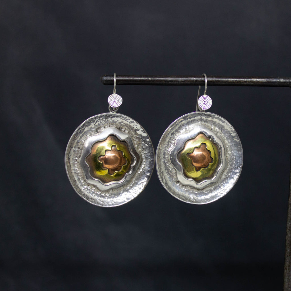Sterling Silver, Copper and Brass Hammered Disc Earrings - Beyond Biasa