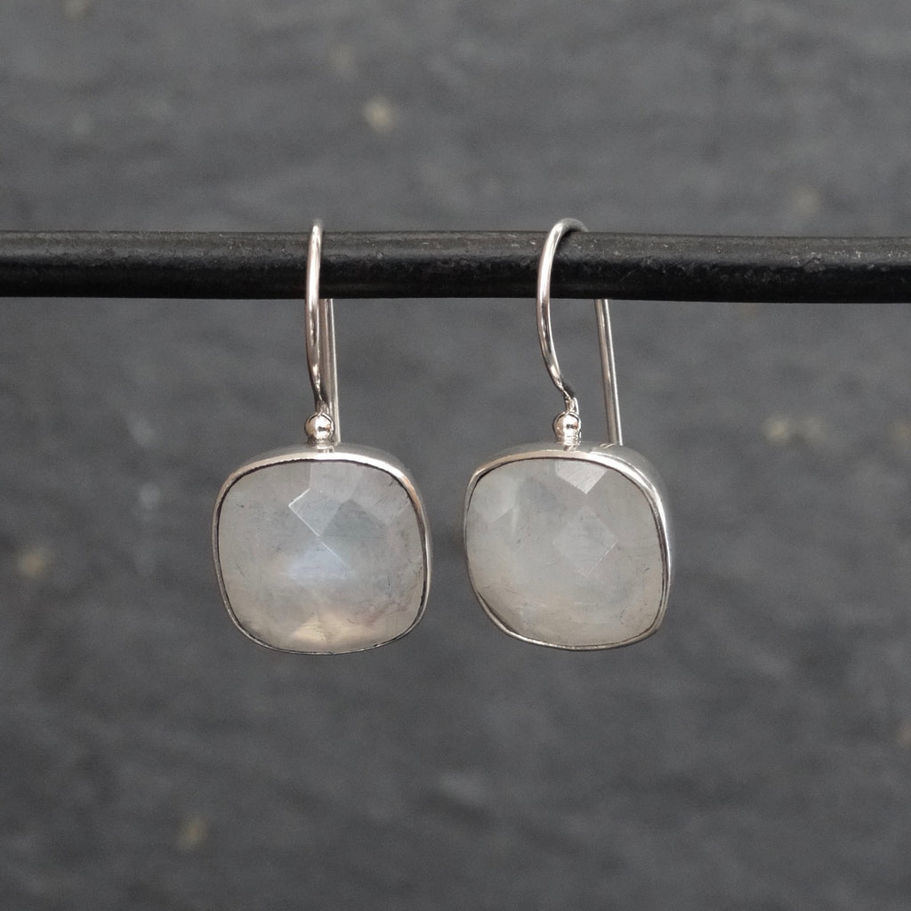 Square Faceted Rainbow Moonstone and Silver Drop Earrings - Beyond Biasa
