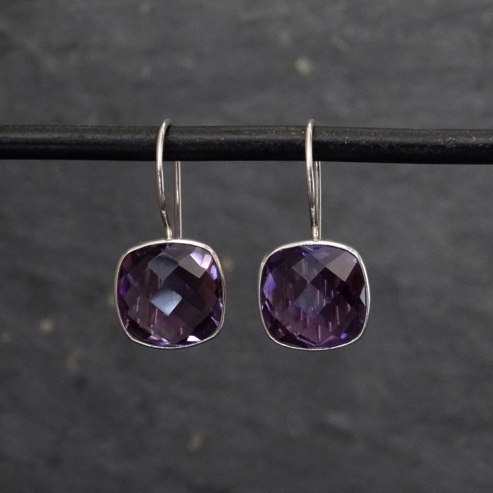 Square Amethyst Faceted and Silver Drop Earrings - Beyond Biasa