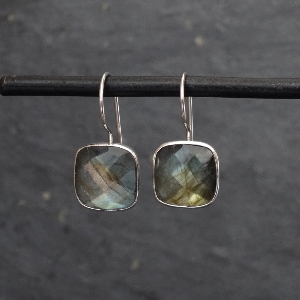 Square Faceted Labradorite and Silver Drop Earrings - Beyond Biasa