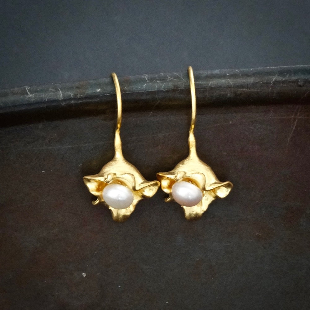 Brushed Gold Vermeil and Freshwater Pearl Flower Drop Earrings - Beyond Biasa