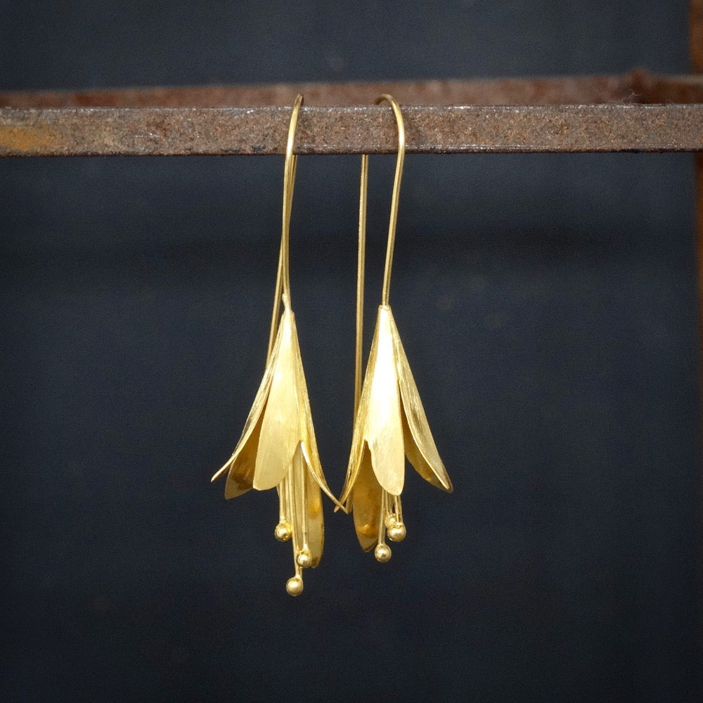 Flower Drop Earrings - Brushed Sterling Silver or Brushed Gold Vermeil - Beyond Biasa