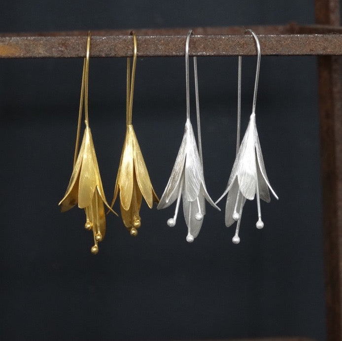 Flower Drop Earrings - Brushed Sterling Silver or Brushed Gold Vermeil - Beyond Biasa