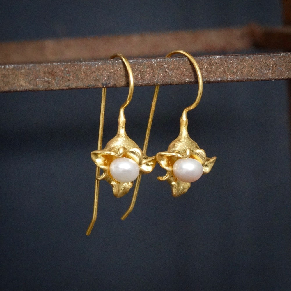 Brushed Gold Vermeil and Freshwater Pearl Flower Drop Earrings - Beyond Biasa