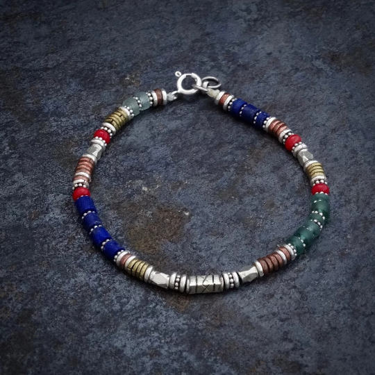 Lapis, Green Glass and Coral Bracelet with Sterling Silver Copper and Brass - Beyond Biasa